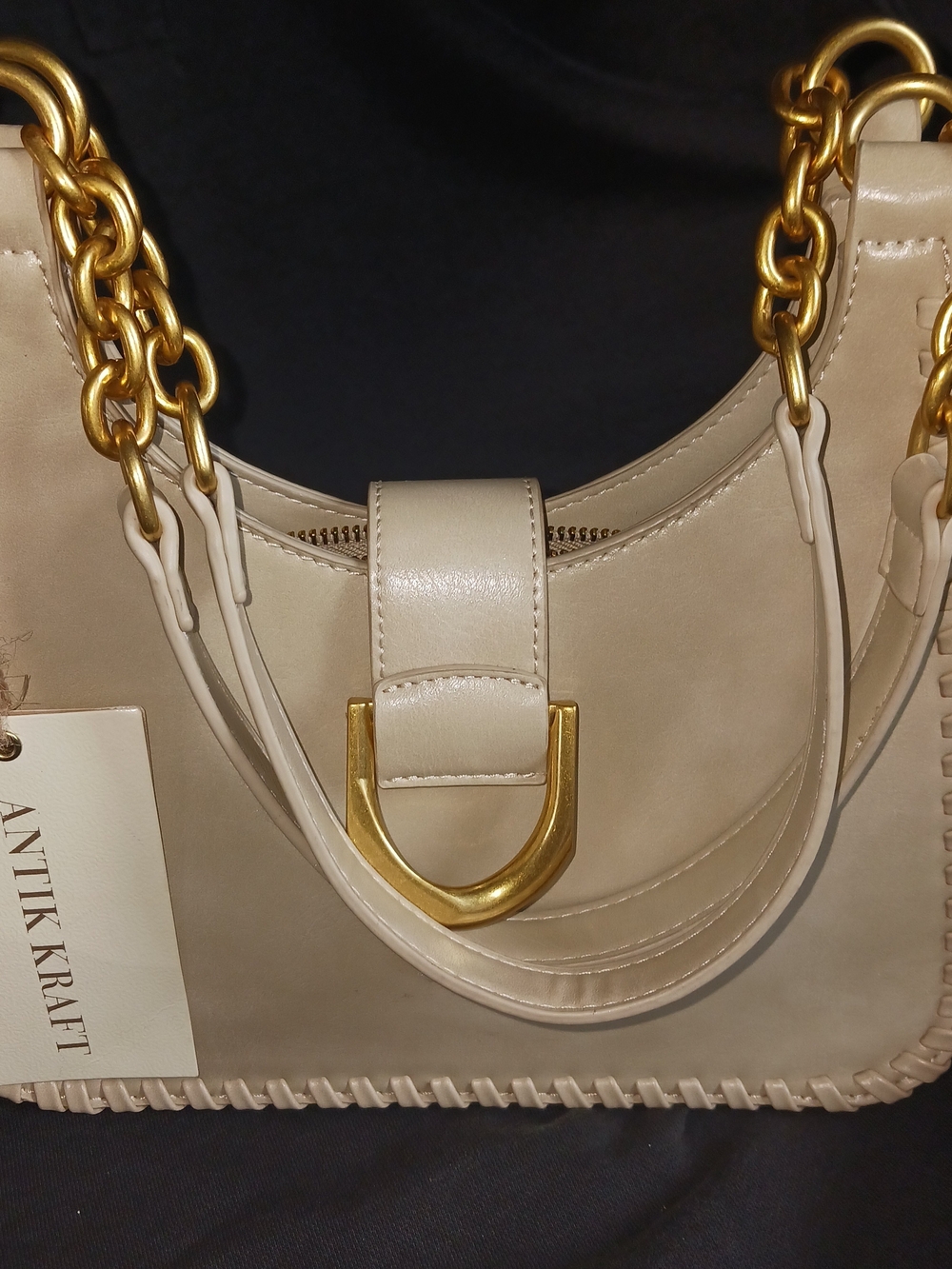 NWT Antik Kraft Cream Leather Shoulder Bag with Gold Chain Accents